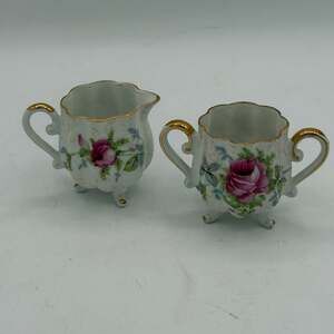 Dresden Creamer & Sugar Bowl Pink Rose NW-9/304 Porcelain Gold Accents